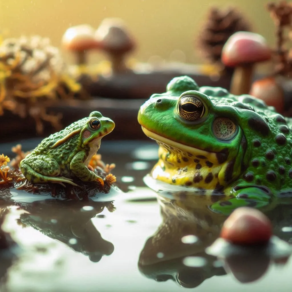 a couple of frogs sitting on top of a puddle of water sapo está hablando con la ranita