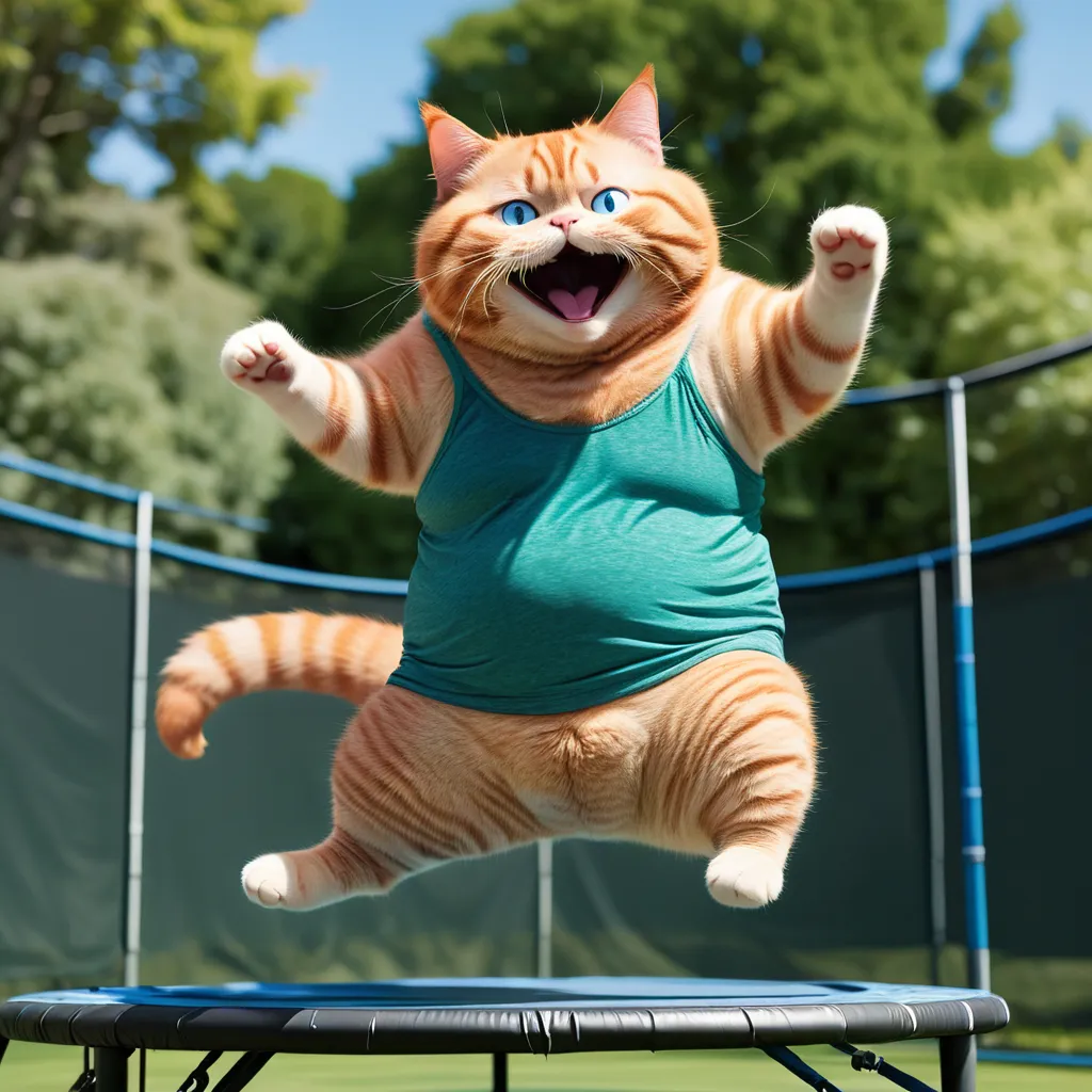 a cat jumping on a trampoline on a sunny day