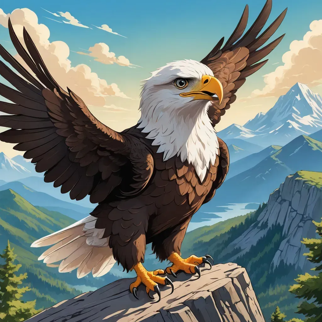 an eagle standing on a rock with mountains in the background