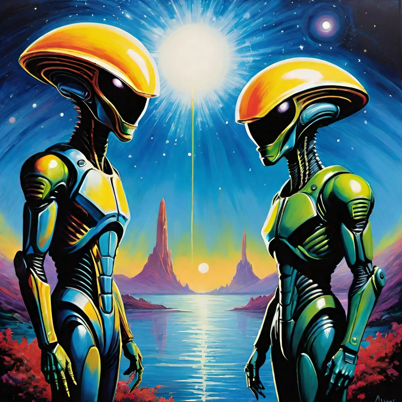 a painting of two aliens standing next to each other