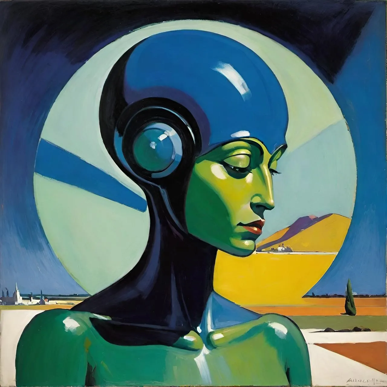 a painting of a woman with headphones on