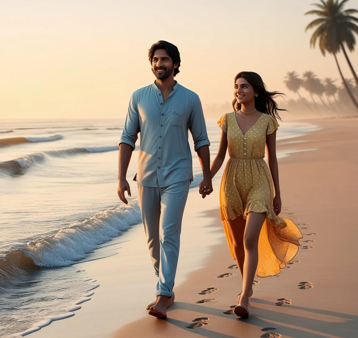 a man and a woman walking on the beach holding hands