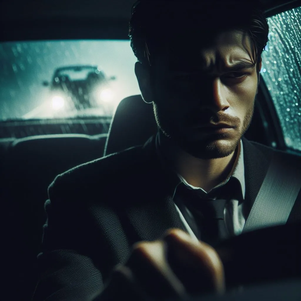 Man in car, reflected in neon-lit streets of a futuristic city, rain pouring down a hazy windshield