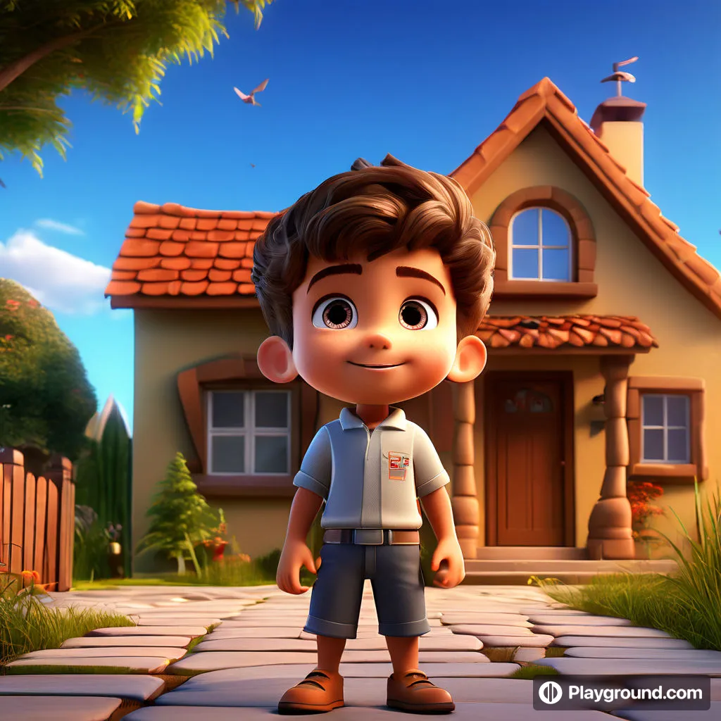 a little boy standing in front of a house