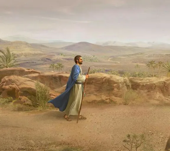 a painting of a man walking in the desert