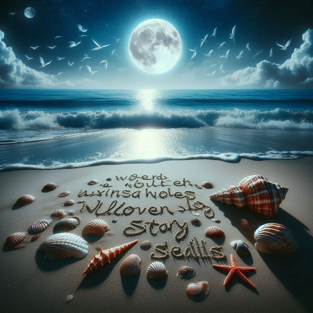 Quick montage of words written on the sand of the beach that are erased by the waves of the sea in the moonlight