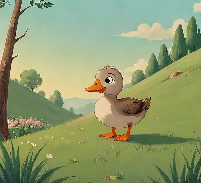 a duck standing in a field next to a tree