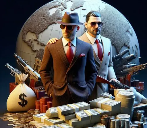 two men in suits and hats standing next to a pile of money