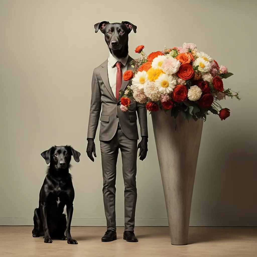 a man in a suit standing next to a vase with flowers