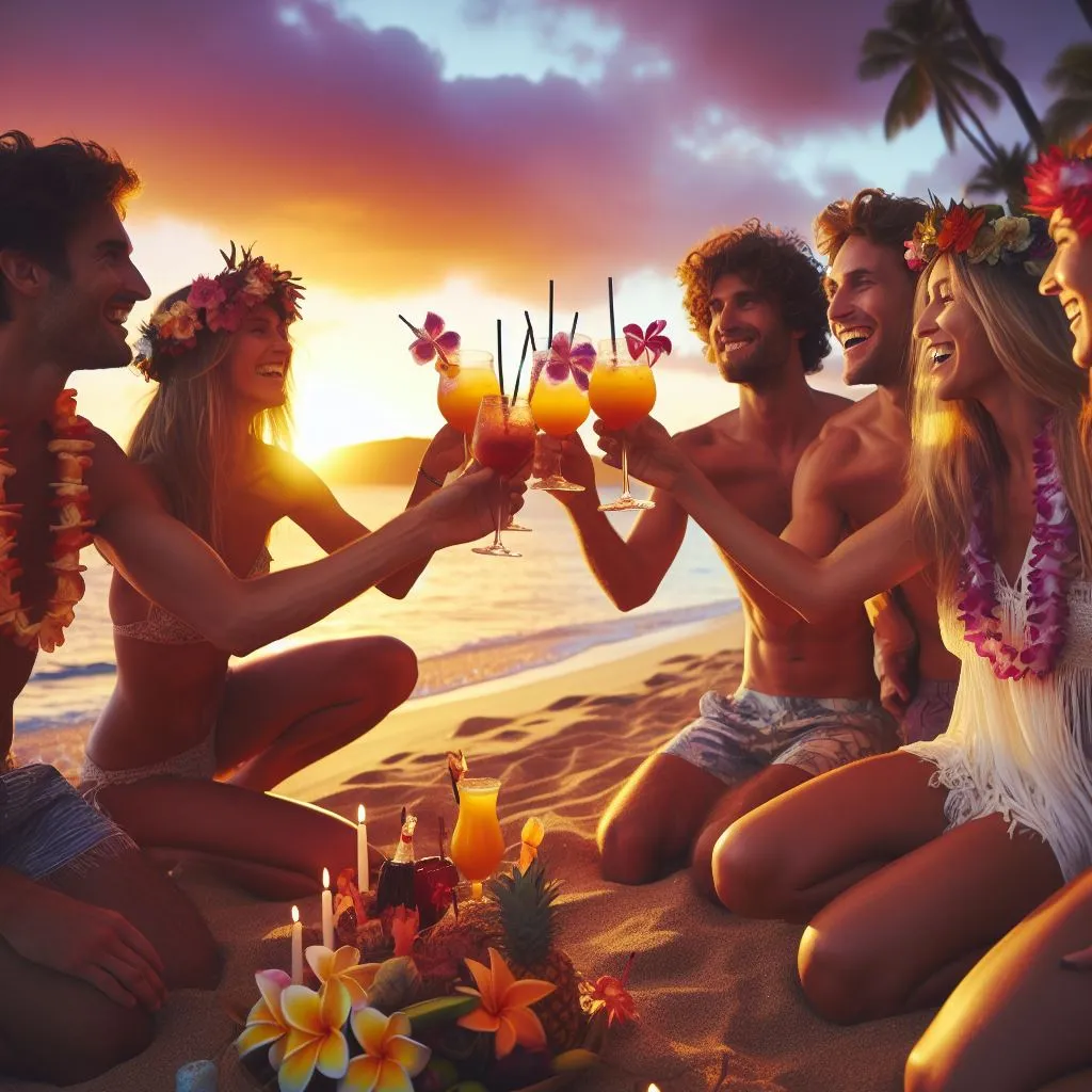 people toasting together at a joyful celebration on the Hawaiian beach at sunset