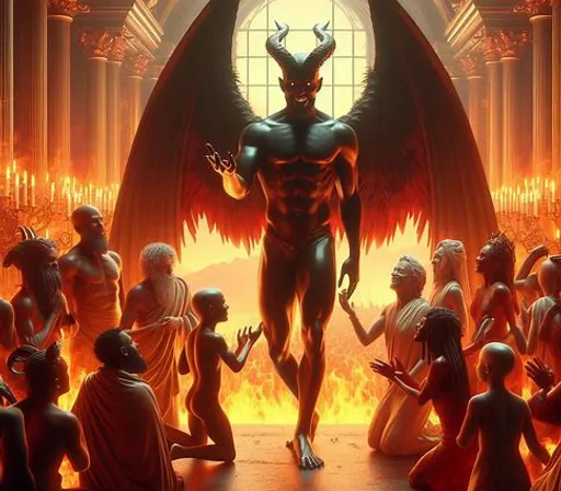 a demon standing in front of a crowd of people