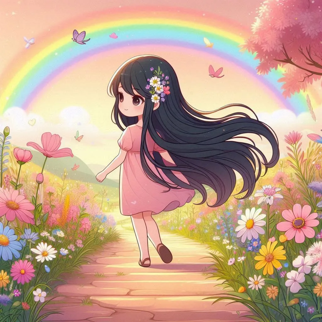 a girl walking down a path with a rainbow in the background