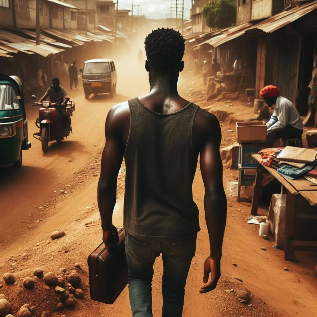 a man walking down a dirt road carrying a briefcase