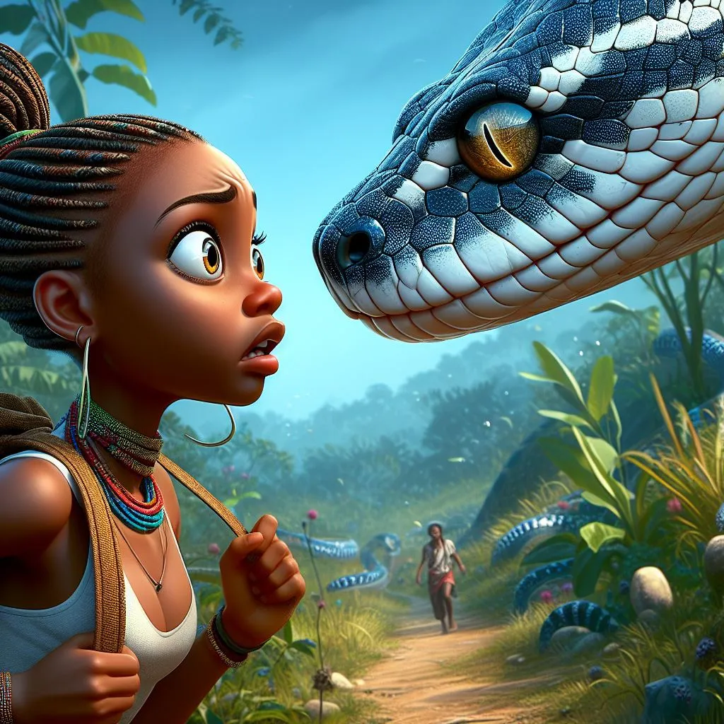 a young girl looking at a snake in the jungle