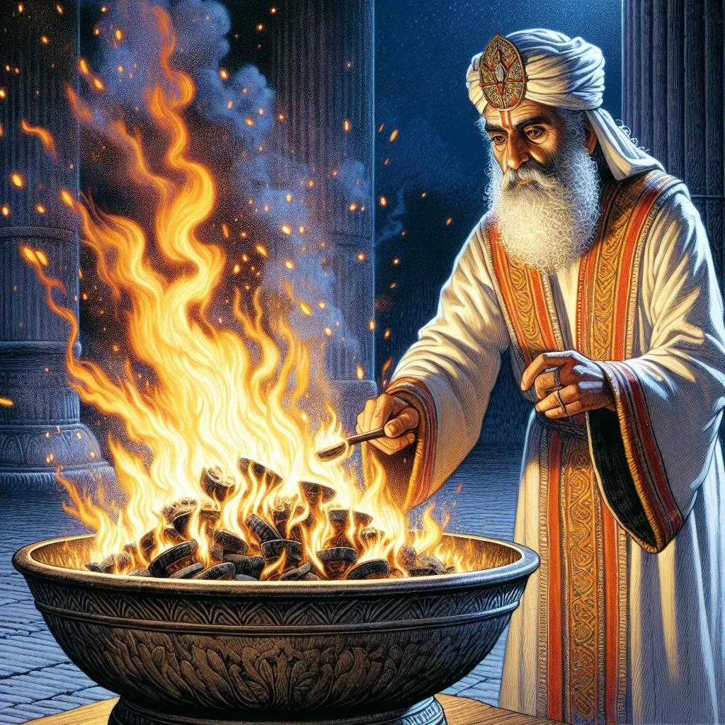 a man with a long white beard standing over a bowl of fire in high quality,high resolution,realistic details