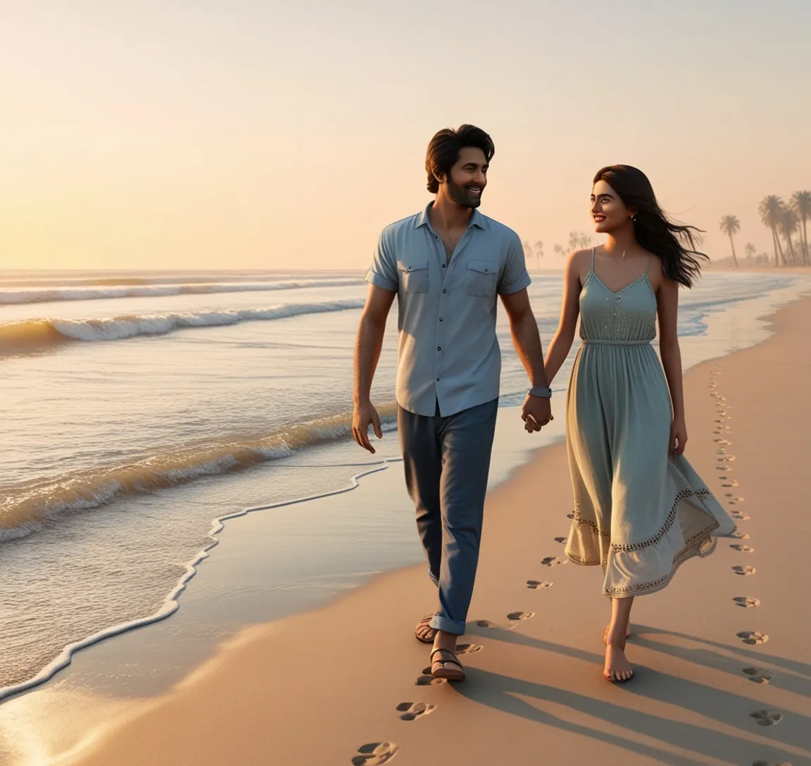 a man and a woman walking on a beach holding hands