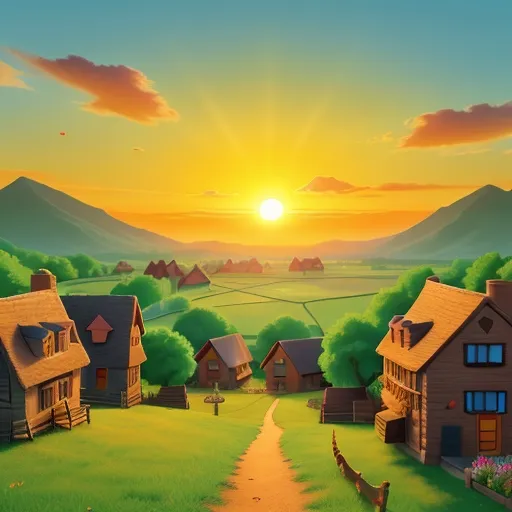 a painting of a village at sunset