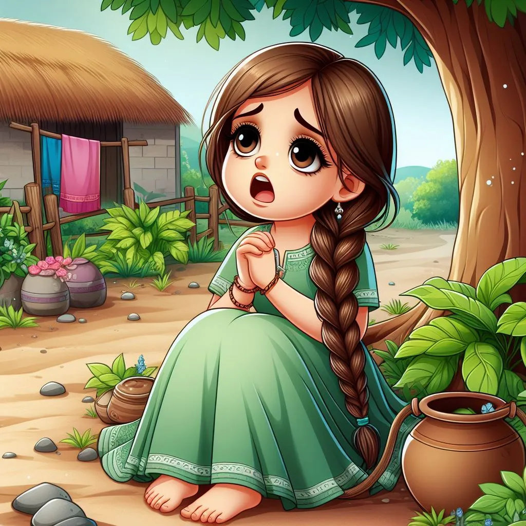 a   poor beautiful girl wearing light green, short blouse and long skirt sitting  with braid  and sadly  singing under tree animation cartoon zoom out  indian village in garden zoom in 