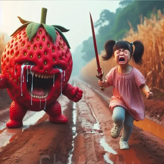 A little girl with a sword running through a field of giant strawberries, with candy-colored clouds and a pastel rainbow in the background