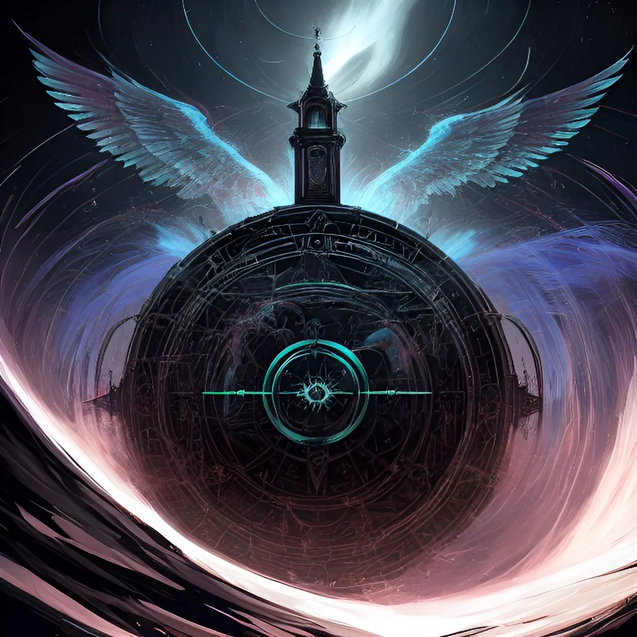 a digital painting of a clock tower with angel wings