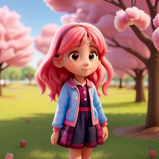 a girl with pink hair standing in a park