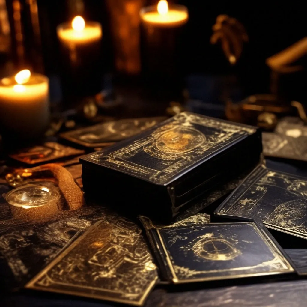 a table topped with lots of cards and candles