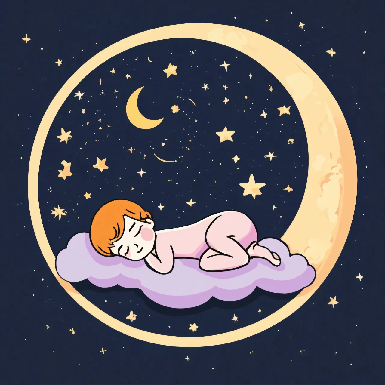 a child sleeping on a cloud in the night sky