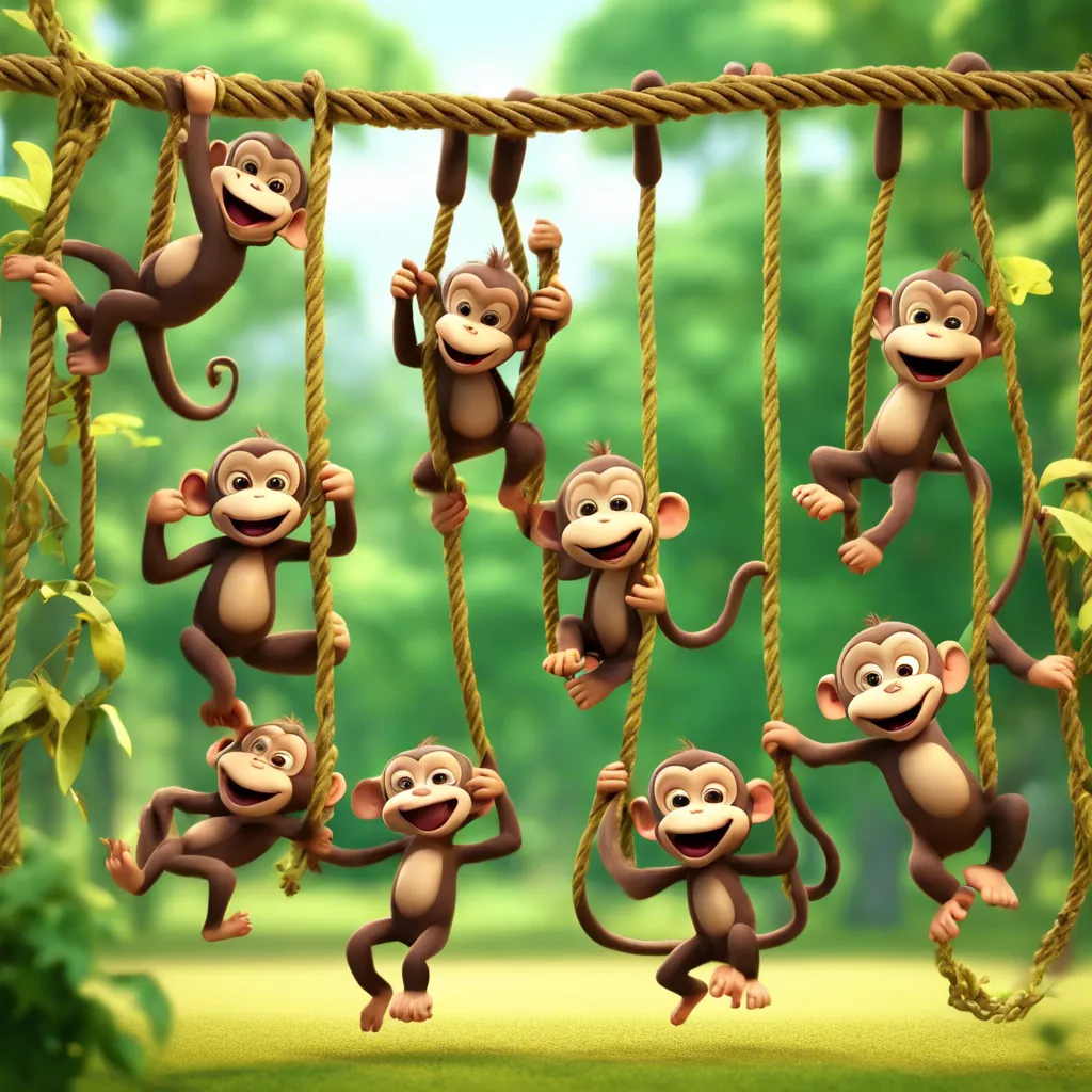 Visual: Nine playful monkeys swinging on vines.Action: Kids imitate monkeys, swinging on play set ropes and laughing.