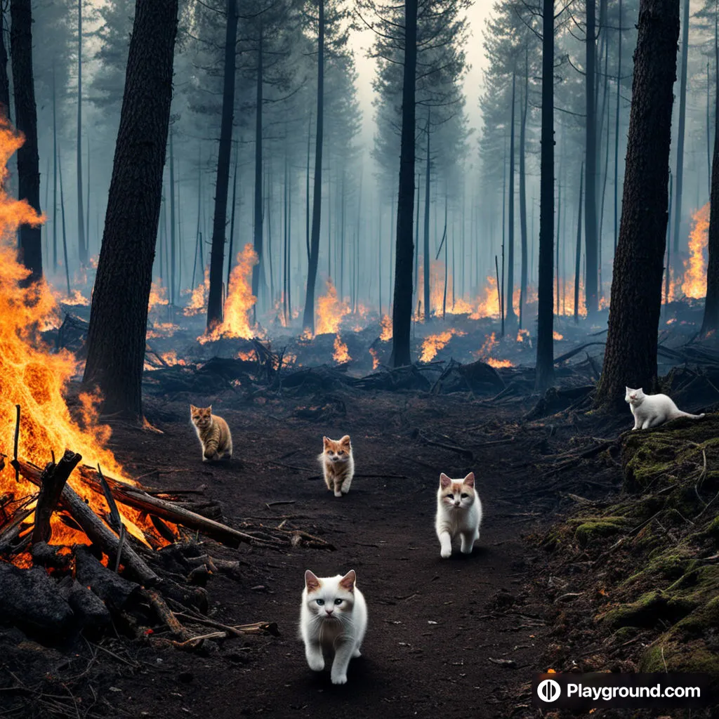 a group of cats walking through a forest on fire