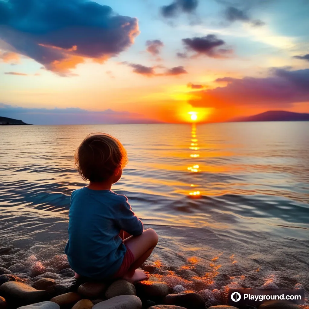 a little boy sitting on a beach watching the sunset