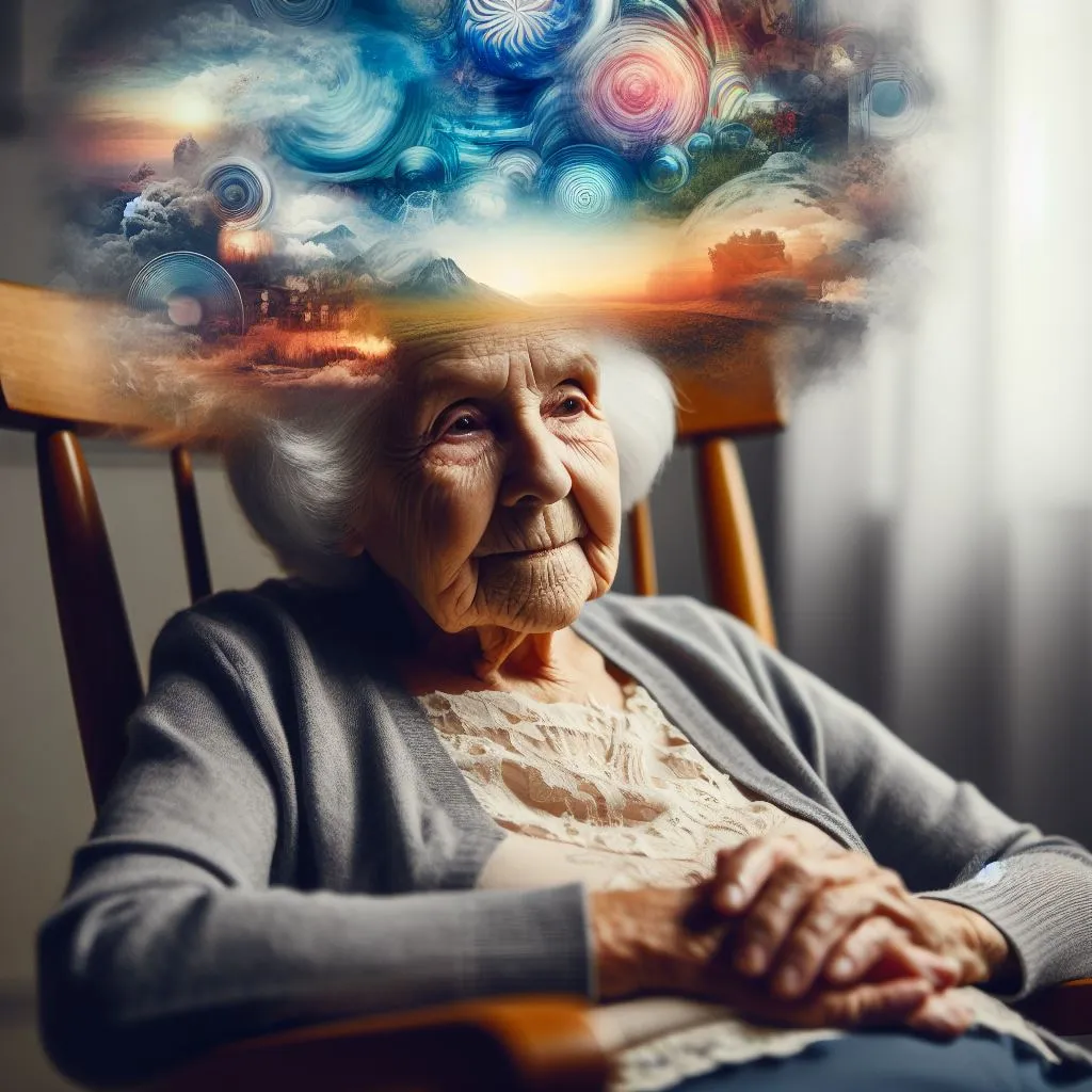 an elderly woman sitting in a chair with a colorful cloud above her head