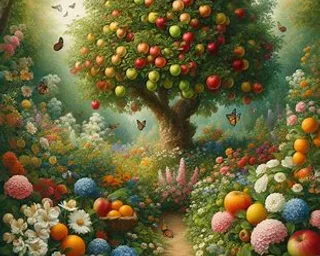 a painting of an apple tree surrounded by flowers