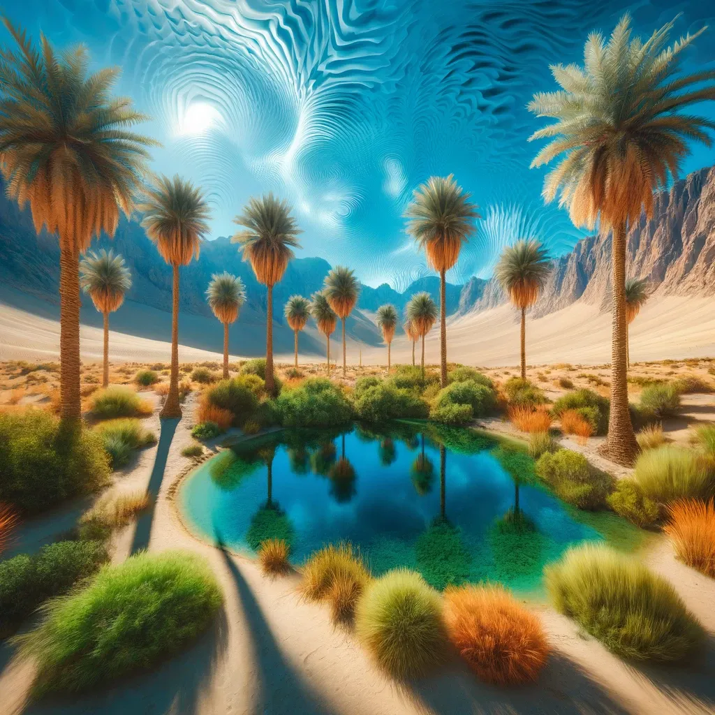 a painting of palm trees and a pond in the desert