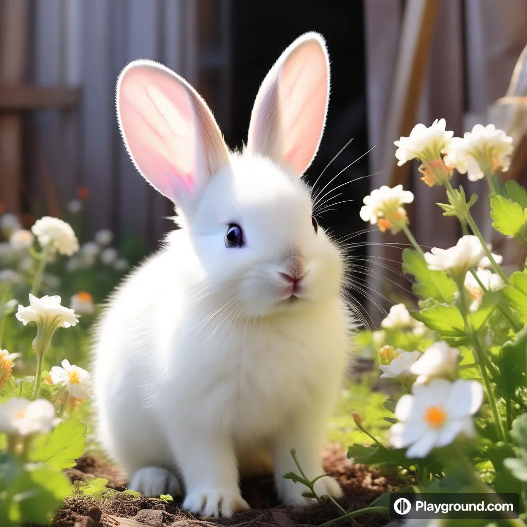 a white rabbit sitting in a field of flowers