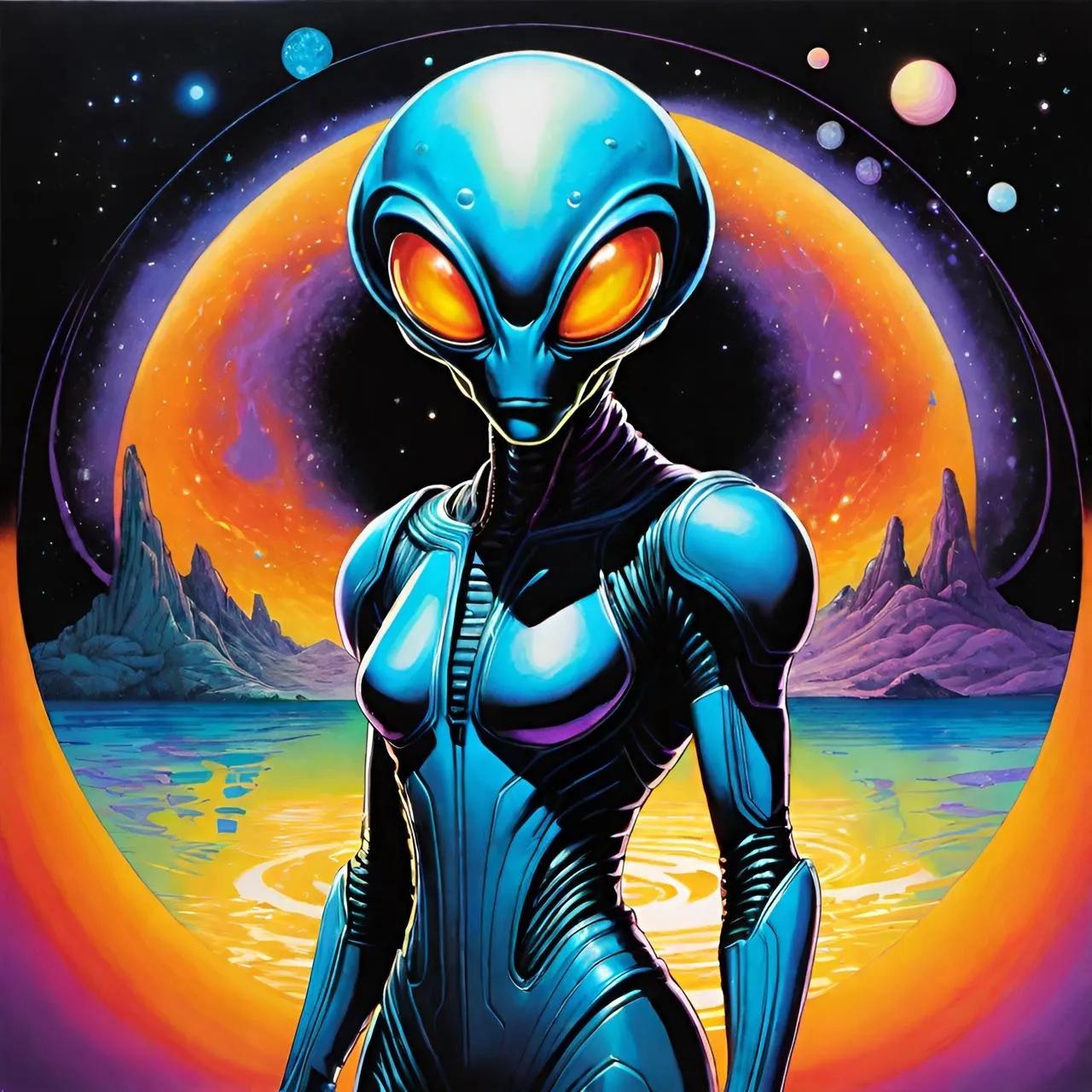 a painting of an alien woman standing in front of a full moon