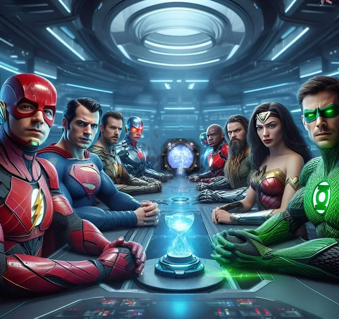 Superheroes are seated around a round table in a medieval castle plotting their strategy