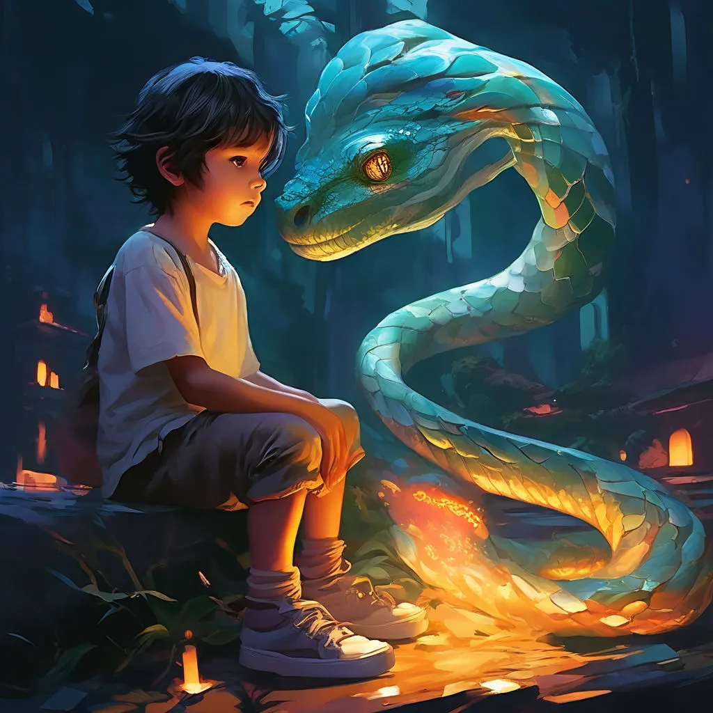 a boy sitting on a rock next to a snake 3d cartoon