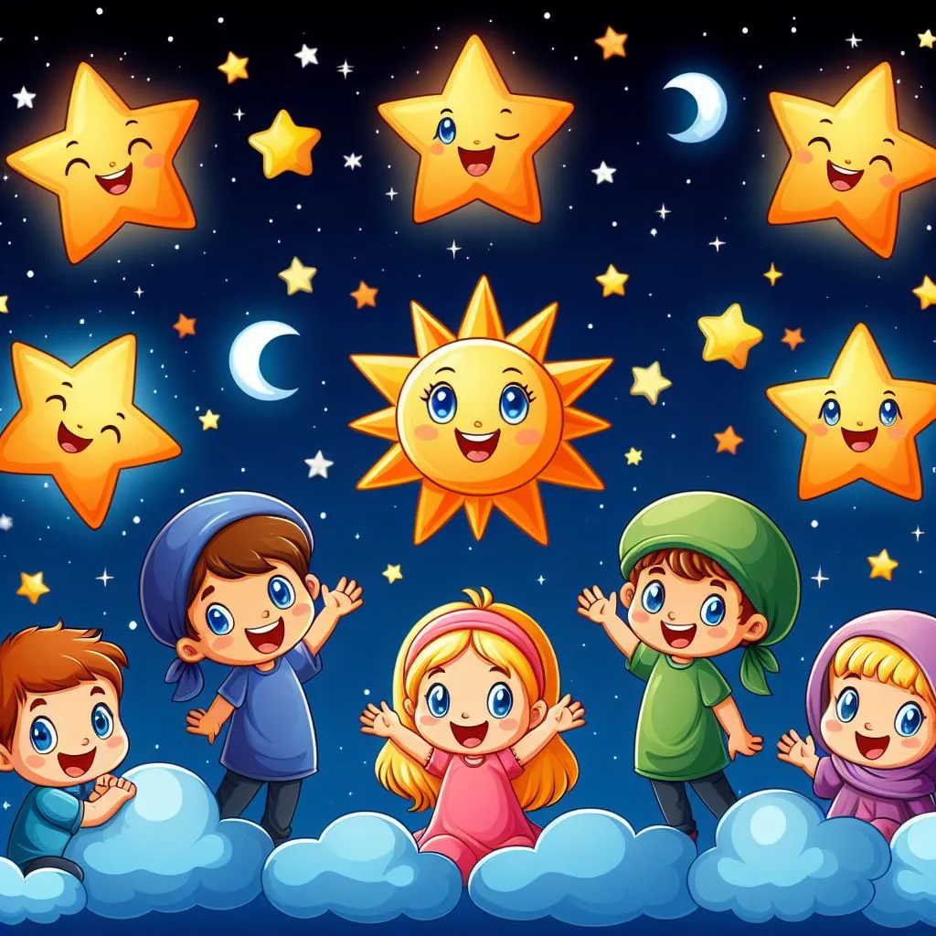 a group of kids standing on a cloud under the stars