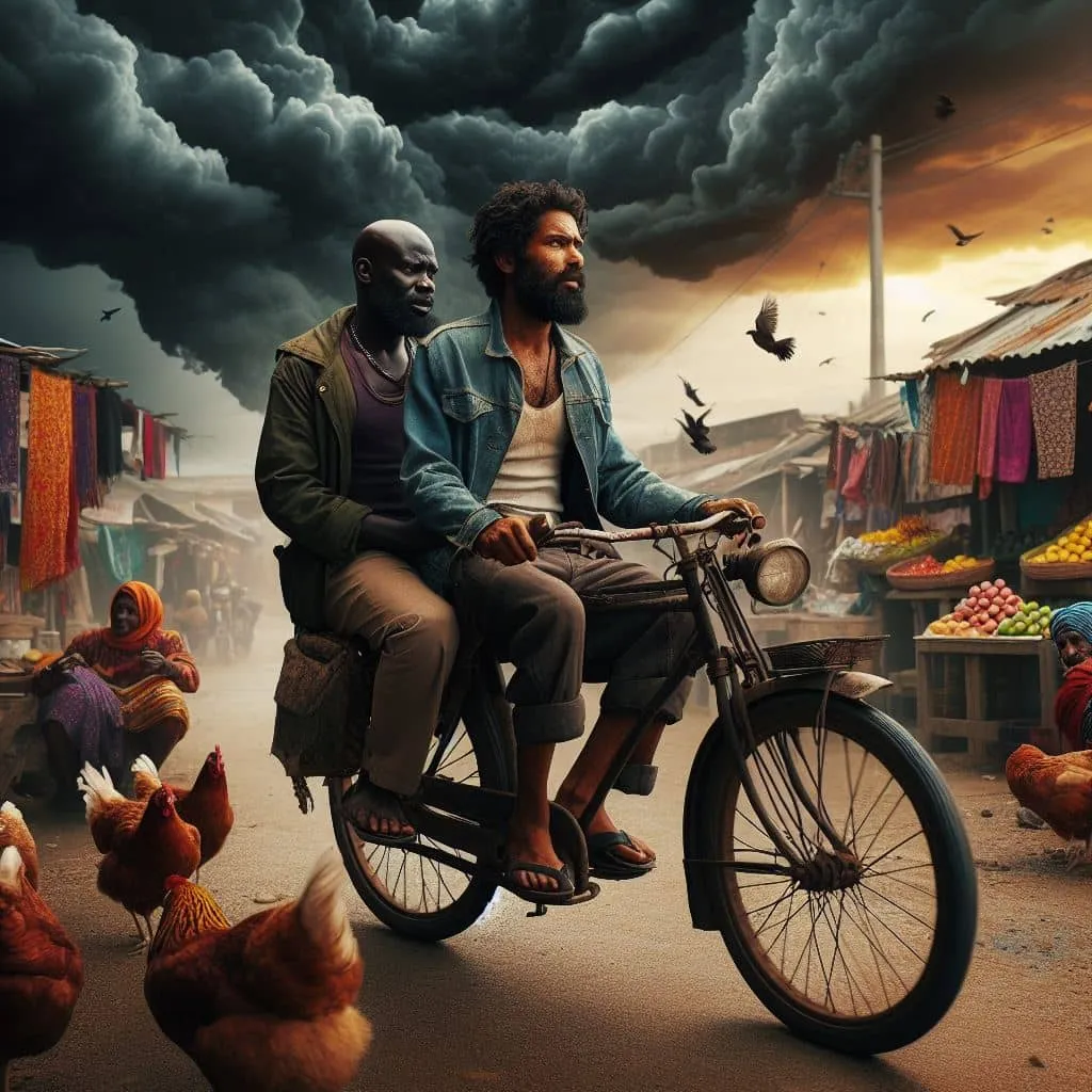 a man riding on the back of a motorcycle next to a chicken
