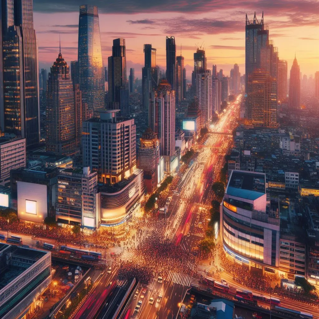 image of an urban city illuminated by sunset light, with people moving frenetically on the streets.