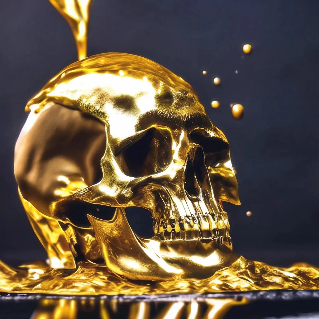 a gold colored skull sitting on top of a table