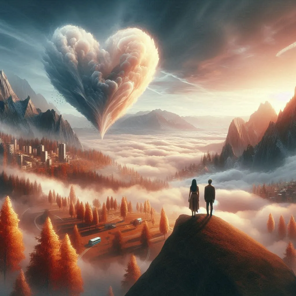 two people standing on a hill looking at a heart shaped cloud