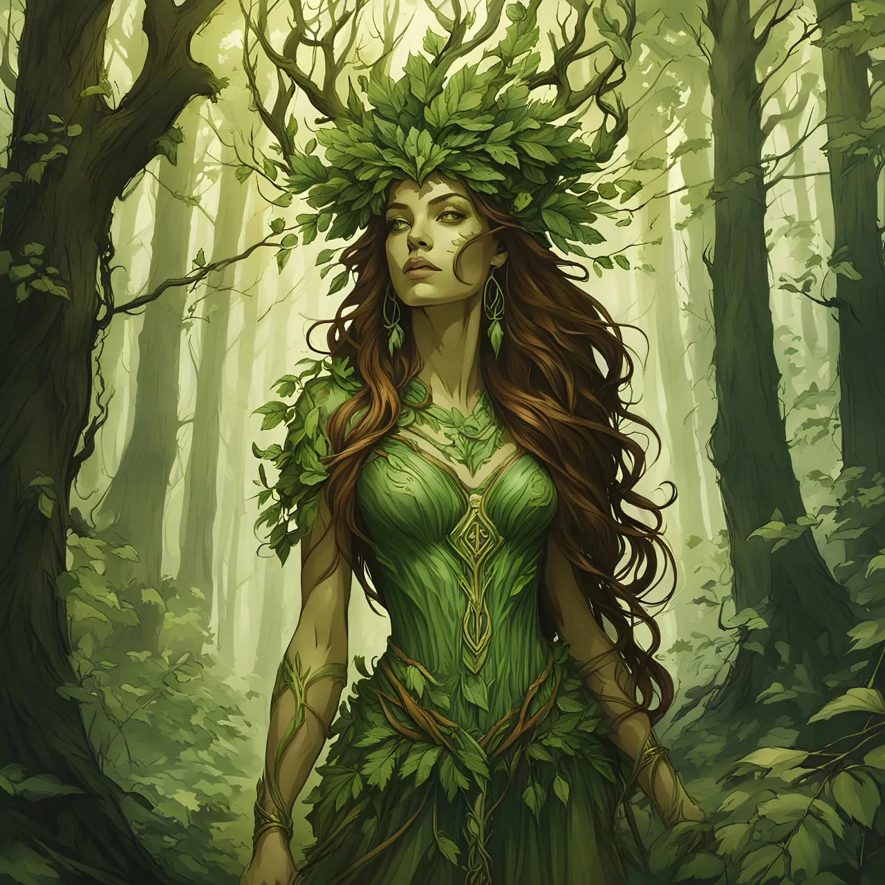 a painting of a woman in a forest