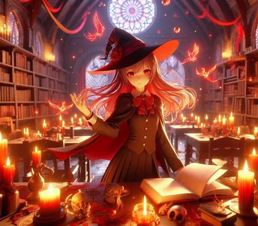 a girl in a witch costume sitting at a table in a library