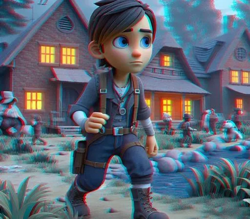 a 3d image of a boy standing in front of a house