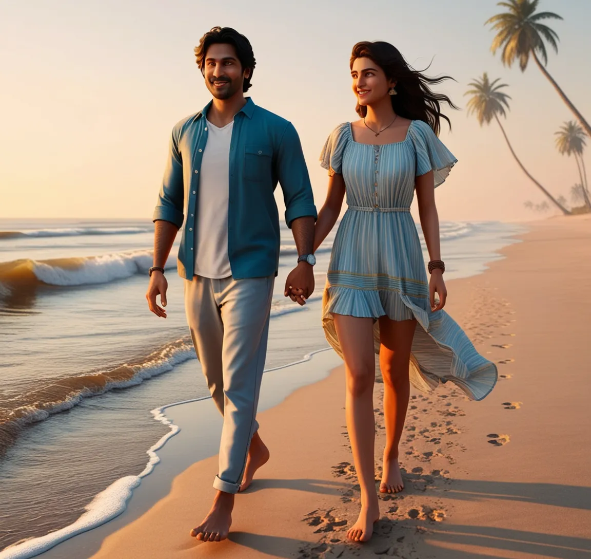 a man and a woman walking on the beach