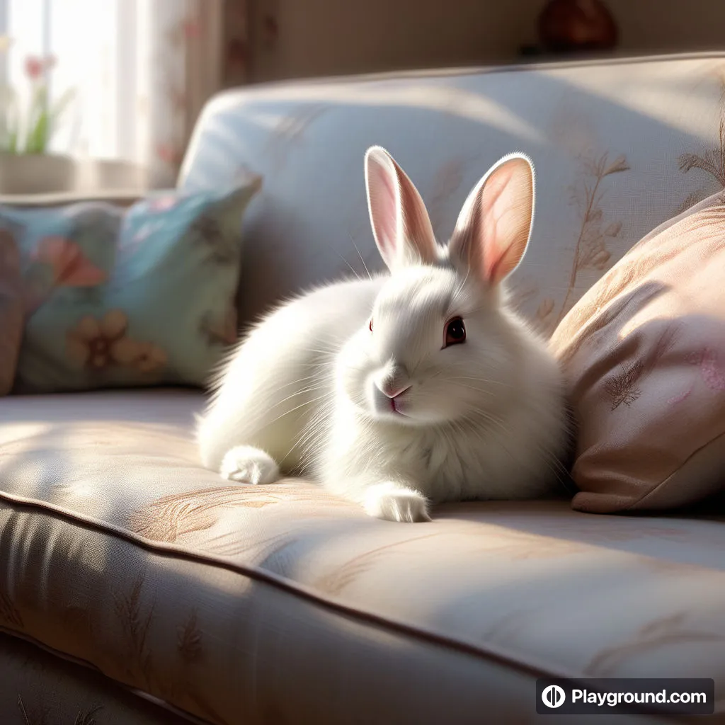 a white rabbit sitting on top of a couch