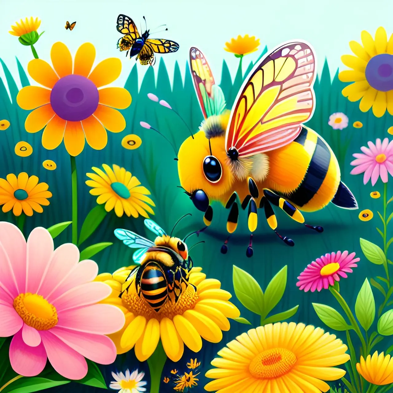 a painting of a bee in a field of flowers