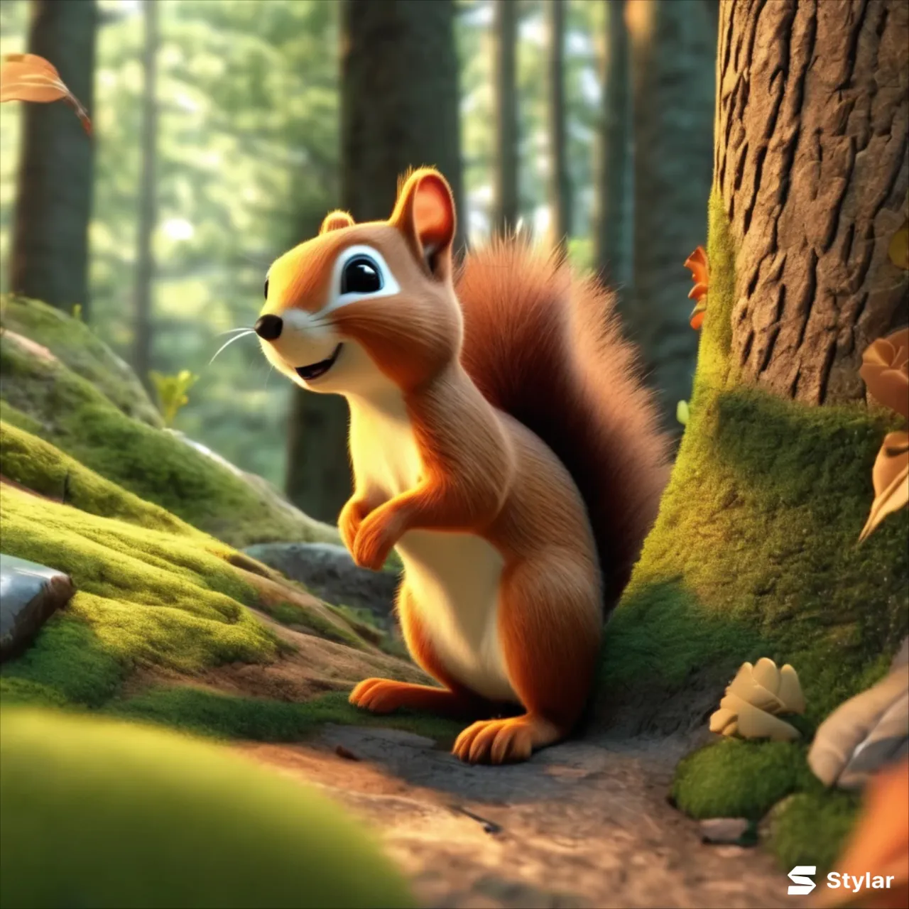 a squirrel is standing in the middle of a forest