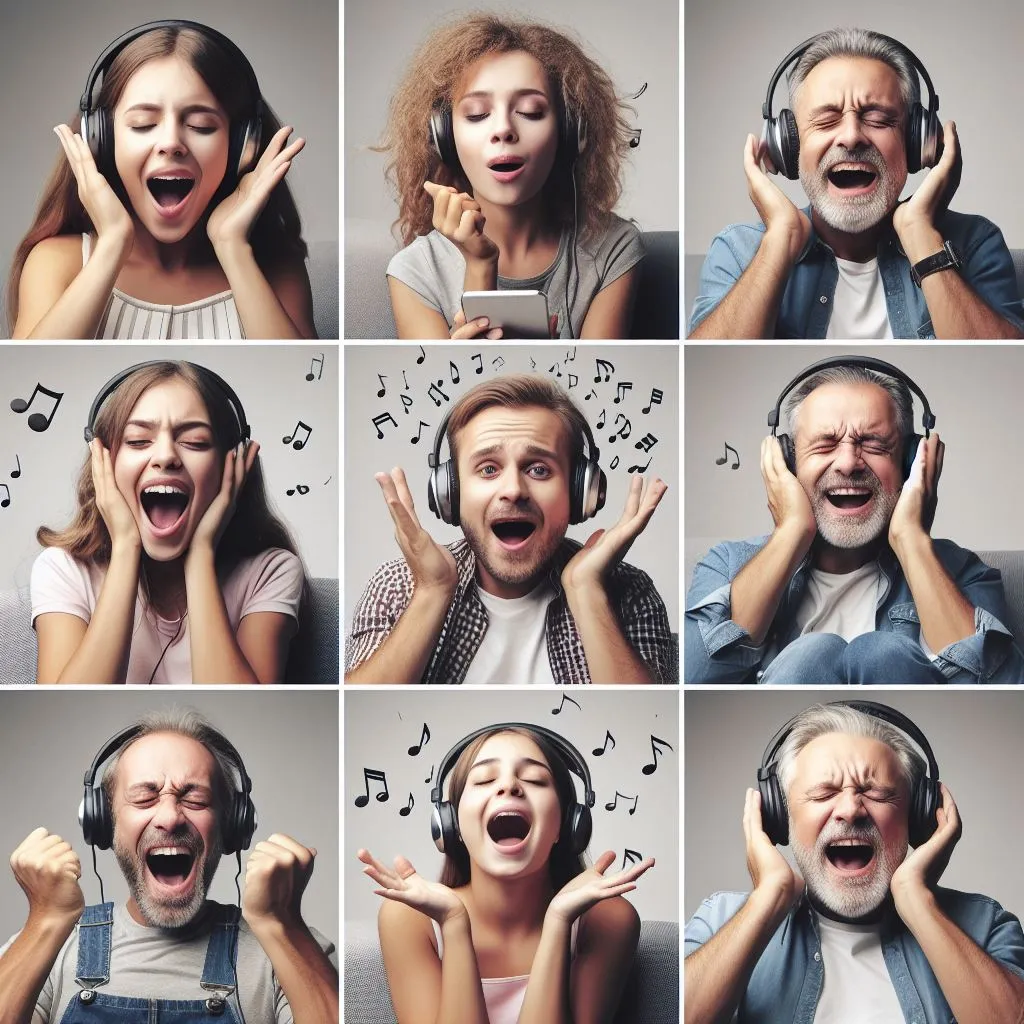 People reacting to music, showing joy, sadness, inspiration